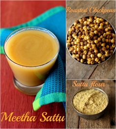 four different types of food are shown in this collage with the words meena sattu and roasted chickpeas