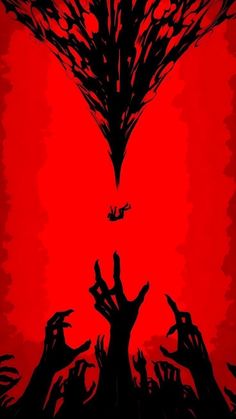 a red background with black silhouettes of hands reaching out from the ground