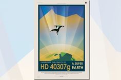 a poster with a man flying through the air in front of a mountain and sky