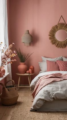 a bedroom with pink walls and white bedding in the center is an oval mirror hanging on the wall