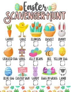 an easter scavent hunt with eggs, flowers and bunny's ears on it