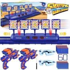 an assortment of toys and accessories for shooting games