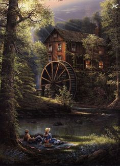 a painting of two people sitting on a log in front of a water wheel and cabin