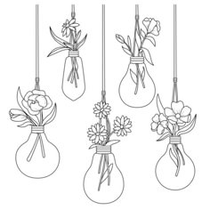 four vases with flowers hanging from the ceiling, one is drawn in black and white