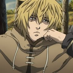 an anime character with blonde hair wearing a hoodie and pointing his finger at the camera