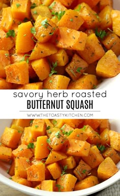 butternut squash in a white bowl with herbs on top and the words savory herb roasted butternut squash below