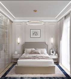 a large bed sitting in the middle of a bedroom next to a tall white wall