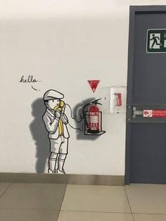 a drawing of a man standing in front of a fire hydrant next to a door