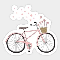 a pink bicycle with flowers in the basket and hearts coming out of it's back