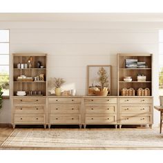 a living room scene with focus on the dresser and shelf unit, along with an area rug