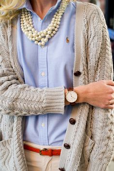 Beige Pants, Pearl Necklaces, Beige Cardigan, Blue Shirt