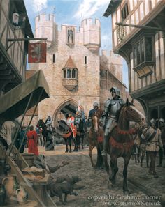 a painting of people on horses in an old town