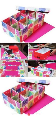 several different pictures of an open box with hearts on the inside and outside, all showing how to make it