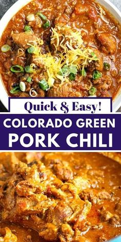 two pictures with the words quick and easy colorado green pork chili