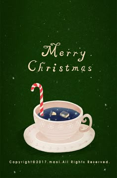 a merry christmas card with a tea cup and candy cane in it, on a green background