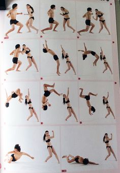 an open book with pictures of women doing different poses and body shapes on the pages