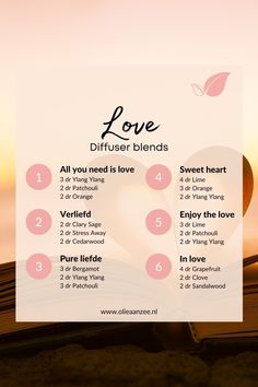 Liefdes blends met de essentiële olie van Young Living. Voeg naar recept toe aan de diffuser voor een romantische sfeer. Olie aan zee | Valentijn | Etherische olie | Aromatherapie Ylang Ylang Diffuser Blends, Essential Oil Candle Recipes, Young Living Diffuser Recipes, Diffuser Blends Young Living, Young Living Diffuser, Essential Oil Combinations, Doterra Essential Oils Recipes