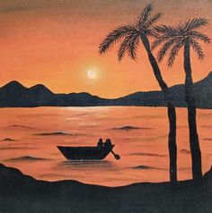 a painting of two people in a boat on the water at sunset with palm trees