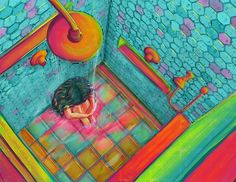 a painting of a child in a bathtub with colorful tiles on the walls and floor