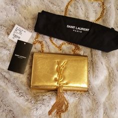 Authentic Yves Saint Laurent Nappa Silk Crossbody In Yellow Gold With Black Interior And Brass Hardware. Has Card Slot As Shown. Original Receipt, Tags, And Dust Bag Included Please See Photos And Ask Any Questions Before Purchase! No Returns Ysl Crossbody, Bags Ysl, Saint Laurent Bags, Yves Saint Laurent Bags, Saint Laurent Paris, Blair Waldorf, Brass Hardware, Black Interior, Yves Saint Laurent