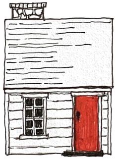 a drawing of a house with a red door