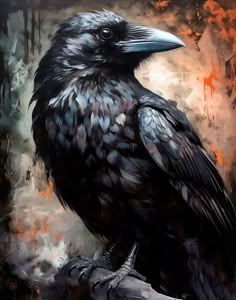 a painting of a black bird sitting on a branch