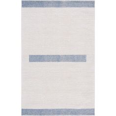 a rug with blue and white stripes on the bottom, in front of a white background