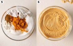 two bowls with different ingredients in them and one bowl containing peanut butter, the other containing cinnamon