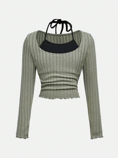 Tween Girls' Simple & Comfy Color Block Halter Neck Long Sleeve T-Shirt Green   Long Sleeve Knitted Fabric   High Stretch  Tween Girls Clothing, size features are:Bust: ,Length: ,Sleeve Length: Top Manga Larga, Cool Tops, Top Manga, Outfit Mujer, Seductive Clothes, Women Halter, Ruffle Long Sleeve, Long Sleeve Tops Casual