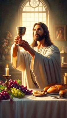 a painting of jesus holding a chalice over a table with bread and grapes on it