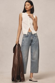 100% cotton Five-pocket styling Front zip Machine wash Imported | Charlie High-Rise Barrel Jeans by rag & bone in Blue, Women's, Size: 30, Cotton at Anthropologie Cropped Barrel Jeans Outfit, Barrel Jeans Outfit Fall, Barrel Jeans Street Style, Barrel Pants Outfit, Barrel Jeans Outfit, Saturday Fashion, Style 2025, Playing Dress-up, Cute Date Outfits