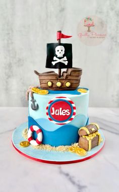 a birthday cake with a pirate ship on top