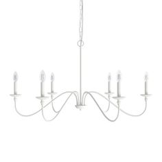 a white chandelier with six lights hanging from it's center and five arms