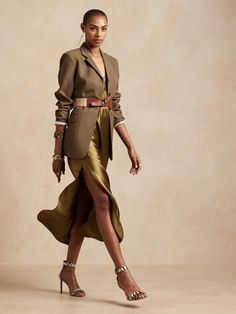 Dreamer Silk Dress | Banana Republic Brown Slip Dress Outfit Winter, Winter Silk Dress Outfit, Shoes With Slip Dress, Safari Chic Outfits Women, Silk Clothes Aesthetic, Petite Elegant Style, Italian Summer Clothes, Green Silk Dress Outfit, Silk Dress With Blazer