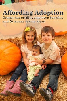 three children sitting on hay with pumpkins in the background and an advertisement for their company