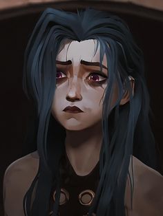 a digital painting of a woman with long black hair and red eyes looking at the camera