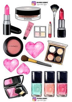 various cosmetics and makeup items are arranged on a white background with the words, chanel