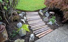 a wooden walkway in the middle of a garden