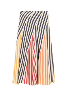 "Find ROSIE ASSOULIN Swivel Stripe Colorblock Godet Midi Skirt on Editorialist. Rosie Assoulin \"Swivel\" stripe colorblock skirt High waist Midi length A-line silhouette Geodet hem Viscose/nylon/polyamide Dry clean Made in USA from imported materials" Midi Leather Skirt, Skirt Ideas, Godet Skirt, Upscale Fashion, Color Block Skirt, Cotton Midi Skirt, Striped Maxi Skirts, Latest Skirts, Skirt High Waist