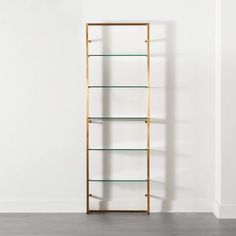 an empty shelf with glass shelves in the middle and one on top, against a white wall