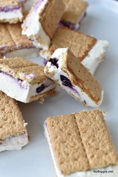 several pieces of dessert on a plate with blueberries in the middle and graham crackers to the side