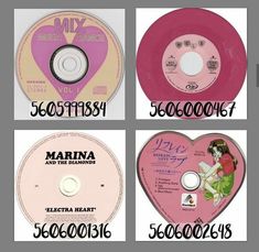 four different cd discs with the names of various records in each disc, including one that has an image of marina and the diamond