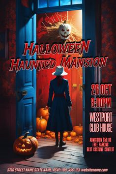 a poster for the halloween event with a woman in a dress and hat standing at an open door