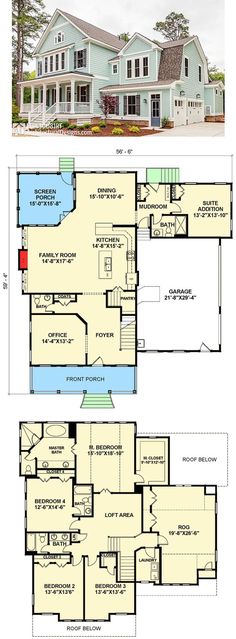 two story house plans with an open floor plan for the first and second floors,