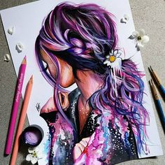 a drawing of a girl with purple hair