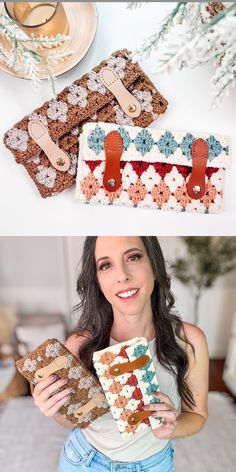 a woman is holding some crocheted items in her hands