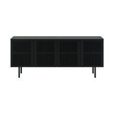 the sideboard is black and has four drawers on one end, and two doors on the