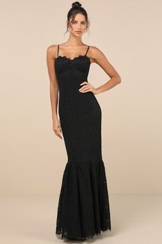 There's nothing like stepping into a room wearing the Lulus Instinctively Stunning Black Lace Bustier Trumpet Maxi Dress! This elevated dress is composed of gorgeous lace that shapes a bustier-style bodice with a sweetheart neckline with eyelash lace trim and padded cups, all supported by adjustable spaghetti straps. Figure-hugging silhouette is sure to catch you some compliments as it falls to a tiered, trumpet-style maxi hem with three layers of hidden tulle for volume. Hidden zipper/clasp at