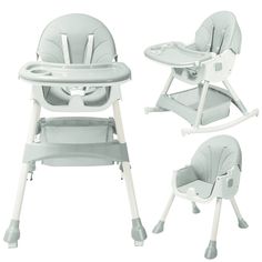 the baby high chair is white and has four different angles to fit it's seat