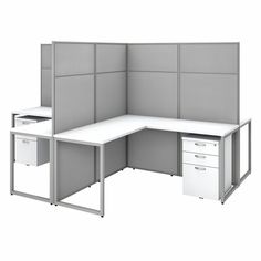 an office cubicle with two dividers and three drawers on each side, all in white